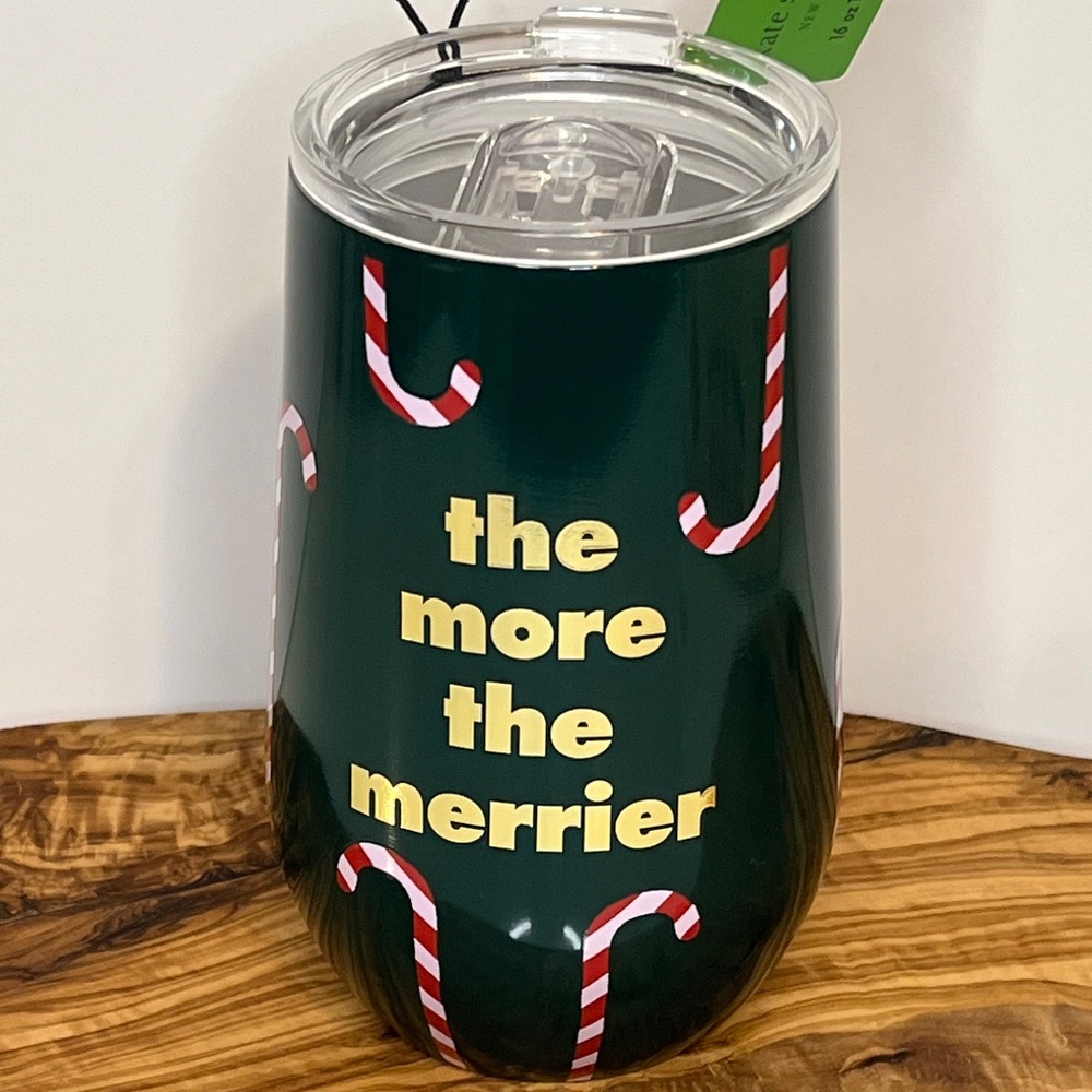 KATE SPADE Stainless Steel Holiday Tumbler Mug - “The More The Merrier” - NEW